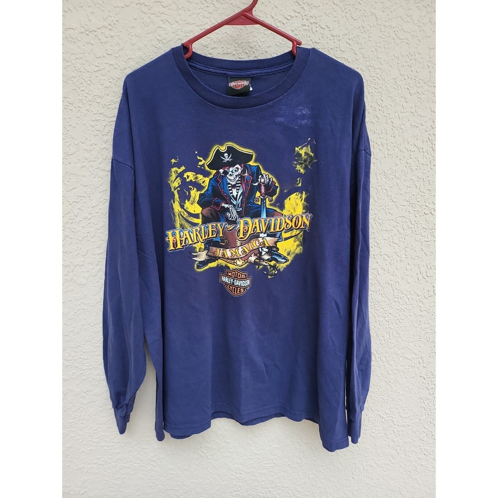 Vtg Harley Davidson Blue Jamaica Blackbeards Revenge Biker Long Sleeve Shirt 2XL